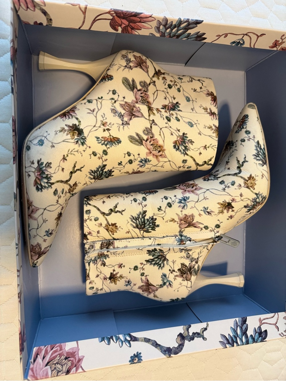 Nicola Bathie x Antonio Melani Floral
 Pointed Toe Ankle Boots - Cream
